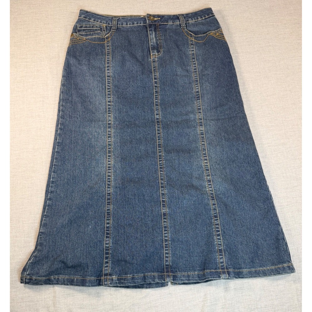 Dressbarn Blue Denim Maxi Skirt Size 14 Mid Wash A-Line Embroidered Pockets Slit